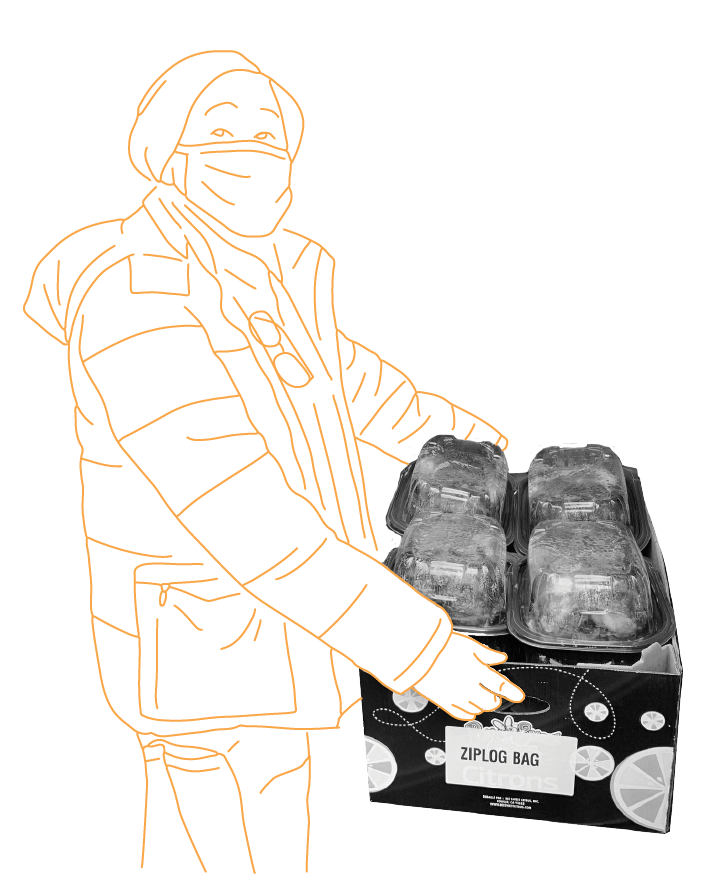 illustration of a man wearing a mask carrying food in a box