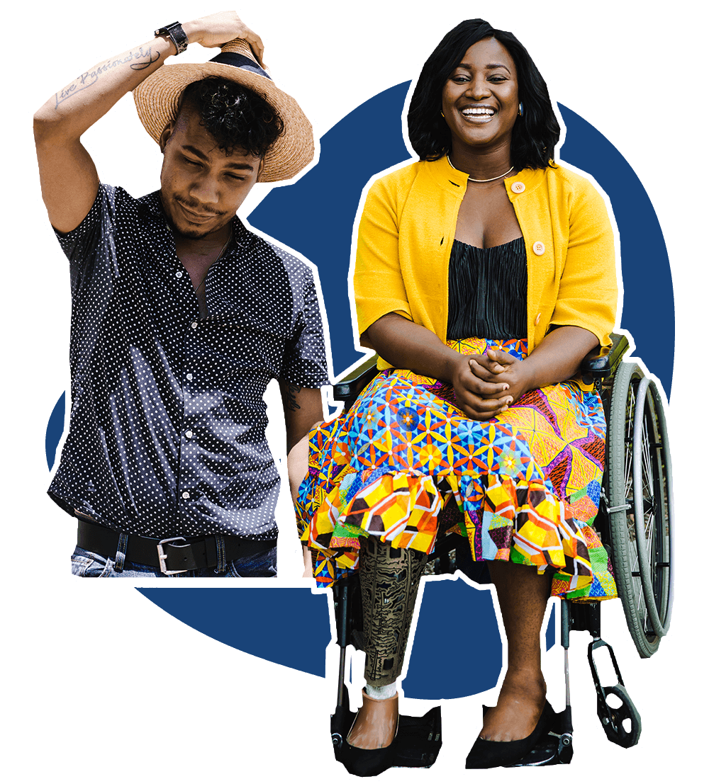 Collage of Man Living With Pride and Black Woman In Wheelchair Wearing Yellow Smiling