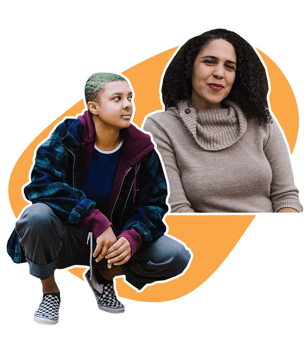 Collage of Young Woman Squatting and Puerto Rican Woman Sitting Happy