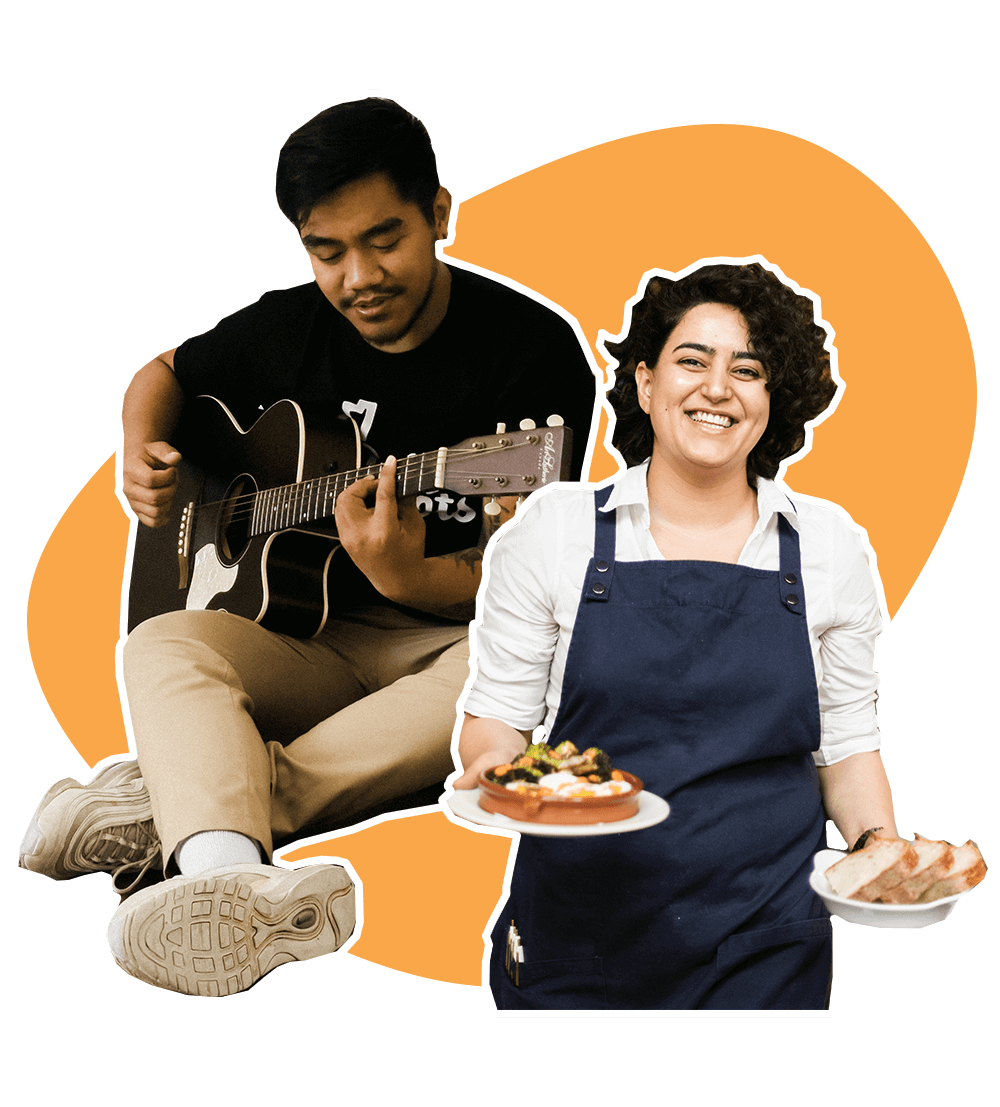 Collage of Asian Man Playing With The Guitar and Latina Woman Smiling While Serving Food At Restaurant
