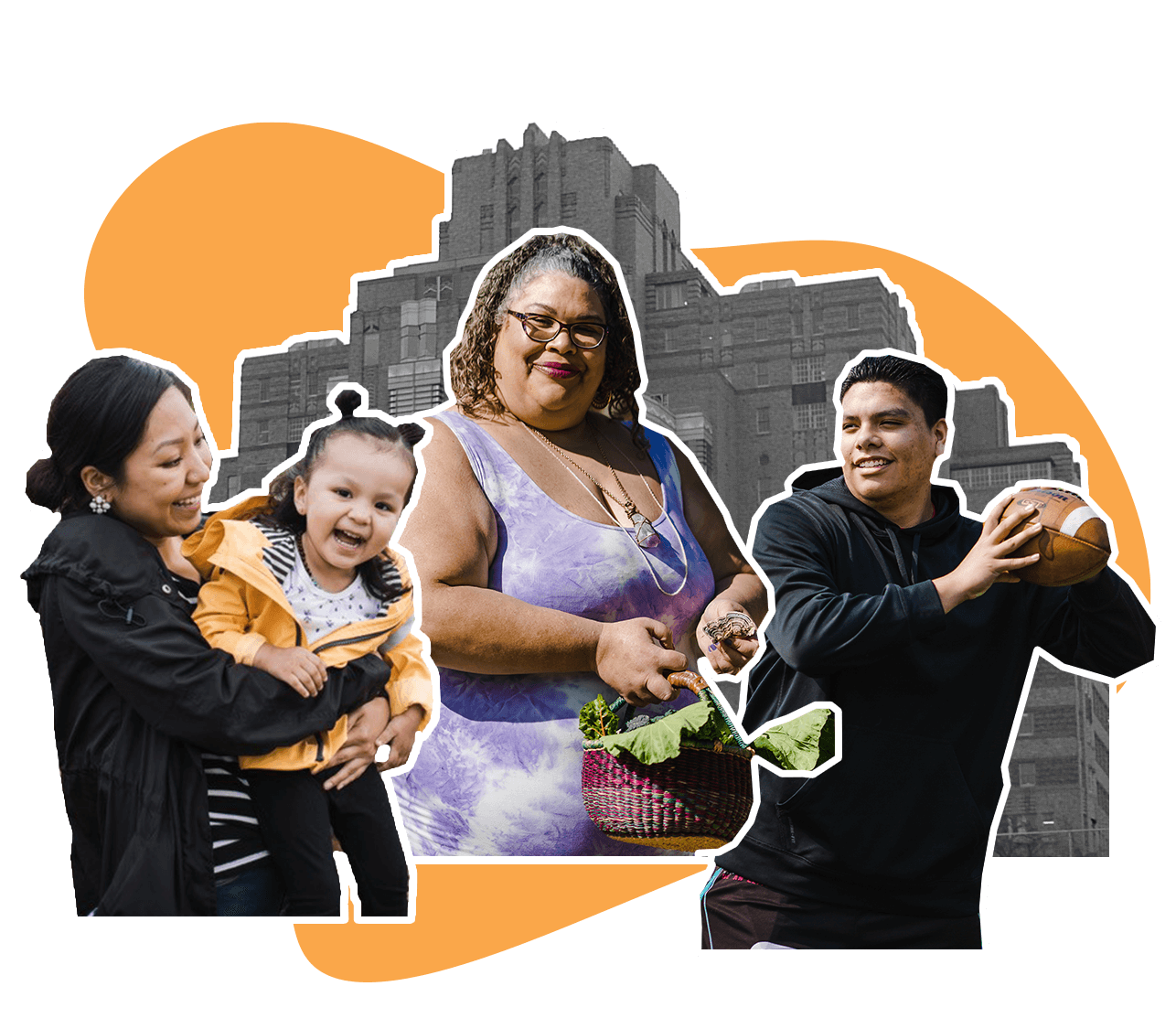 Collage of American Indian And Alaska Native Mother With Daughter, a Queer Black Disabled Herbalist Picking Herbs With Basket, a Native American Teenager Throwing a Football, and background photo of Pacific Tower