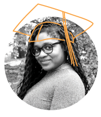 Michelle Thomas with an illustration of a graduation cap