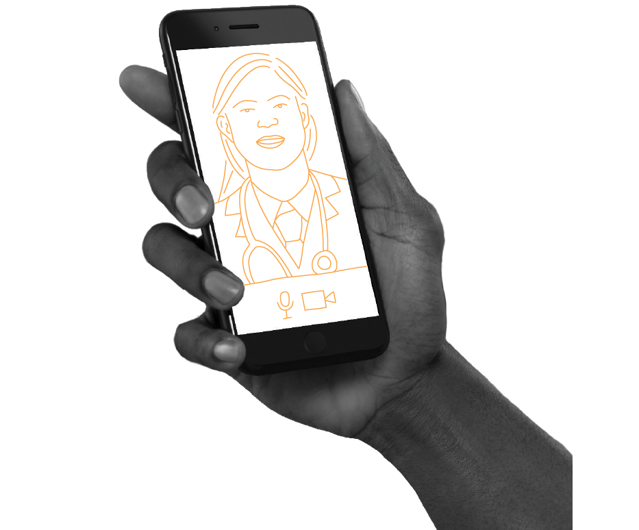 Image of a hand holding up a cell phone with an illustration of a doctor on the screen, portraying a video health call