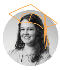 Sarah Hicks with an illustration of a graduation cap