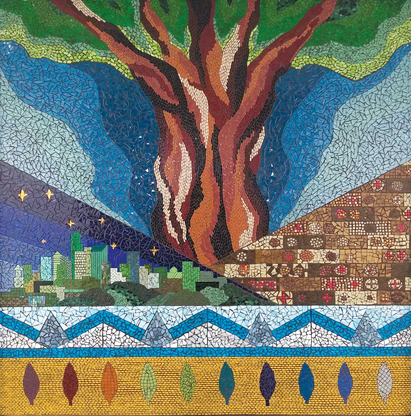 Colorful mosaic tiles combined into a collage of a tree, buildings in downtown Seattle, brown and red shapes, art deco zigzag with diamonds, and multi-colored leaves